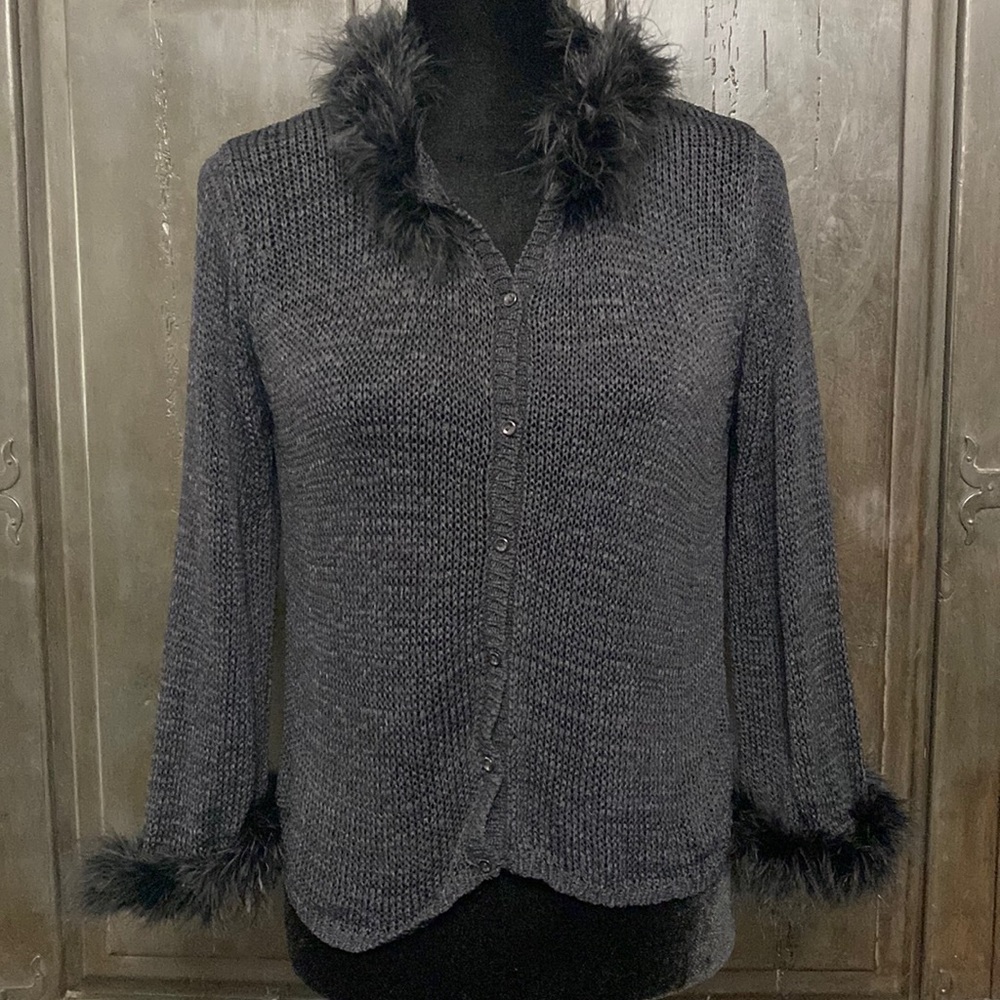 Vintage IMY Black cardigan sweater w/fur on collar & cuffs - size small